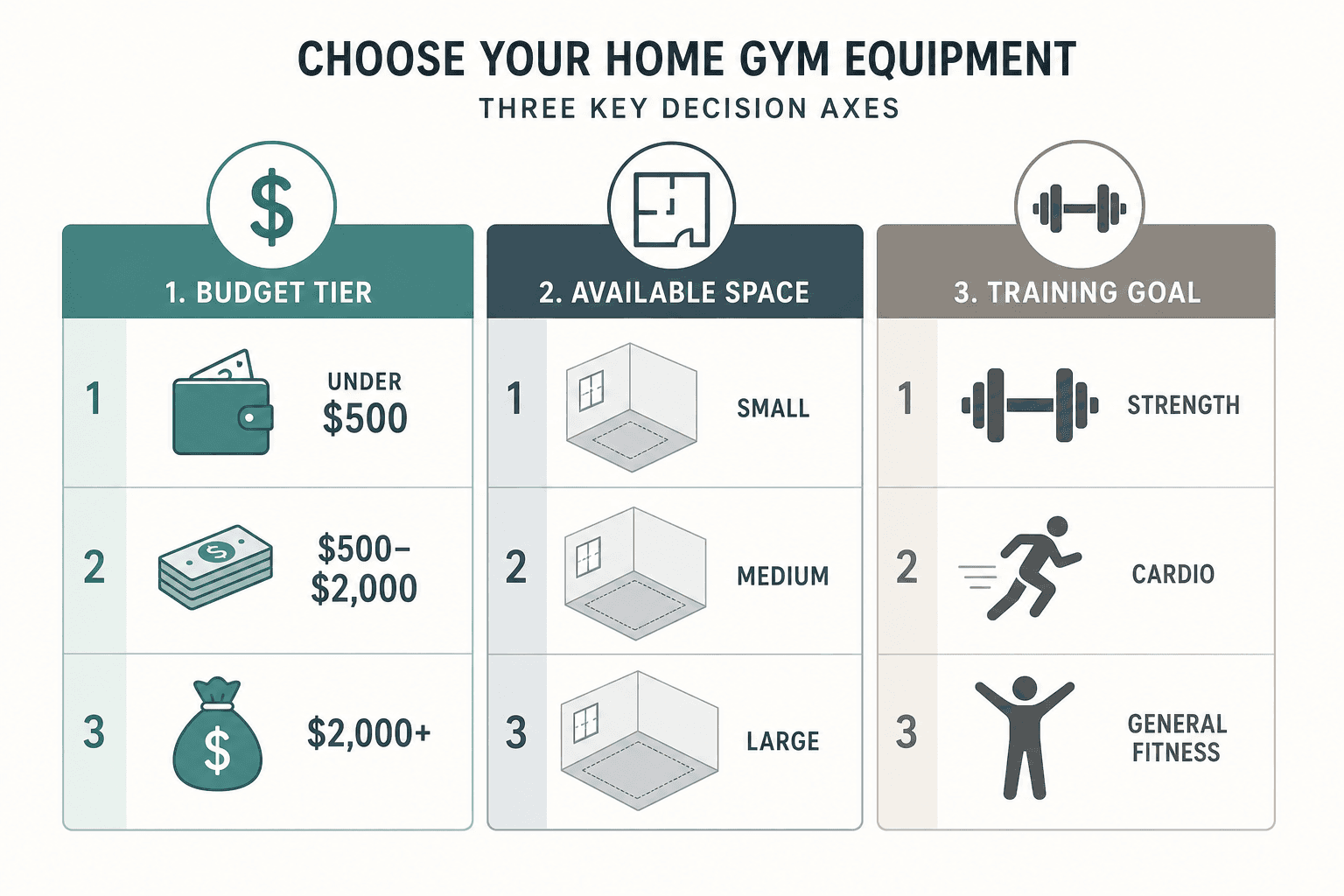 A flat-design illustration showing three vertical decision columns: budget tiers (under $500, $500–$2,000, $2,000+), space zones (small, medium, large floor plan icons), and training goal icons for strength, cardio, and general fitness.