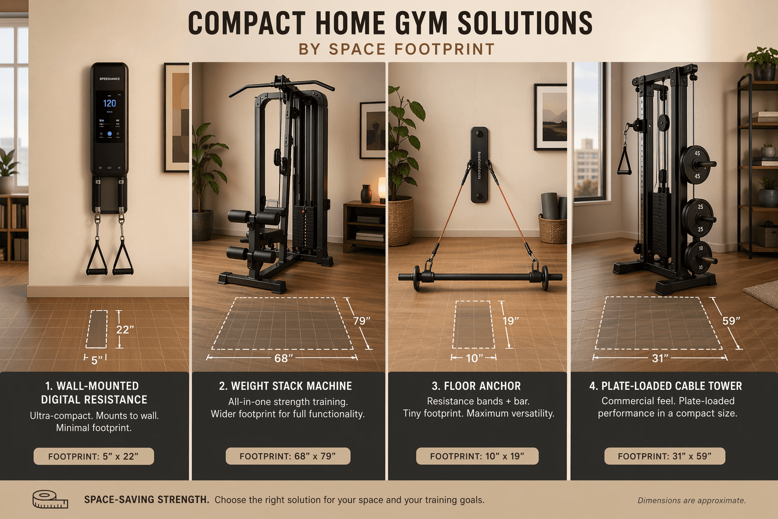 Side-by-side comparison illustration of four home gym resistance systems on a grid floor showing relative space footprints: a slim wall-mounted digital unit with a narrow outline, a weight stack machine with a wide rectangular outline, a compact band system with a tiny square outline, and a mid-sized plate-loaded cable tower, with measurement annotations on the floor grid.