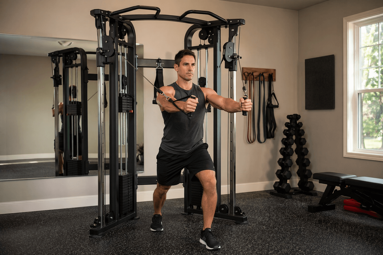 A person performing a cable chest fly on a dual-stack functional trainer in a home garage gym.