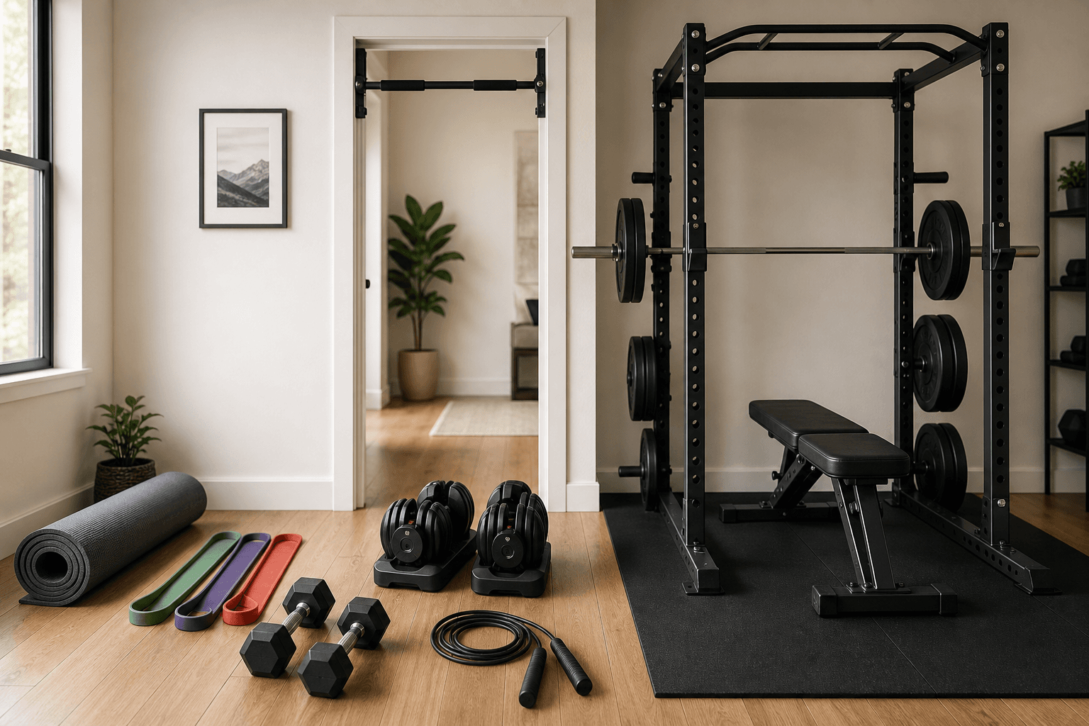 A flat-lay progression of home gym equipment from a simple mat and dumbbells to a full power rack setup in a bright apartment corner.