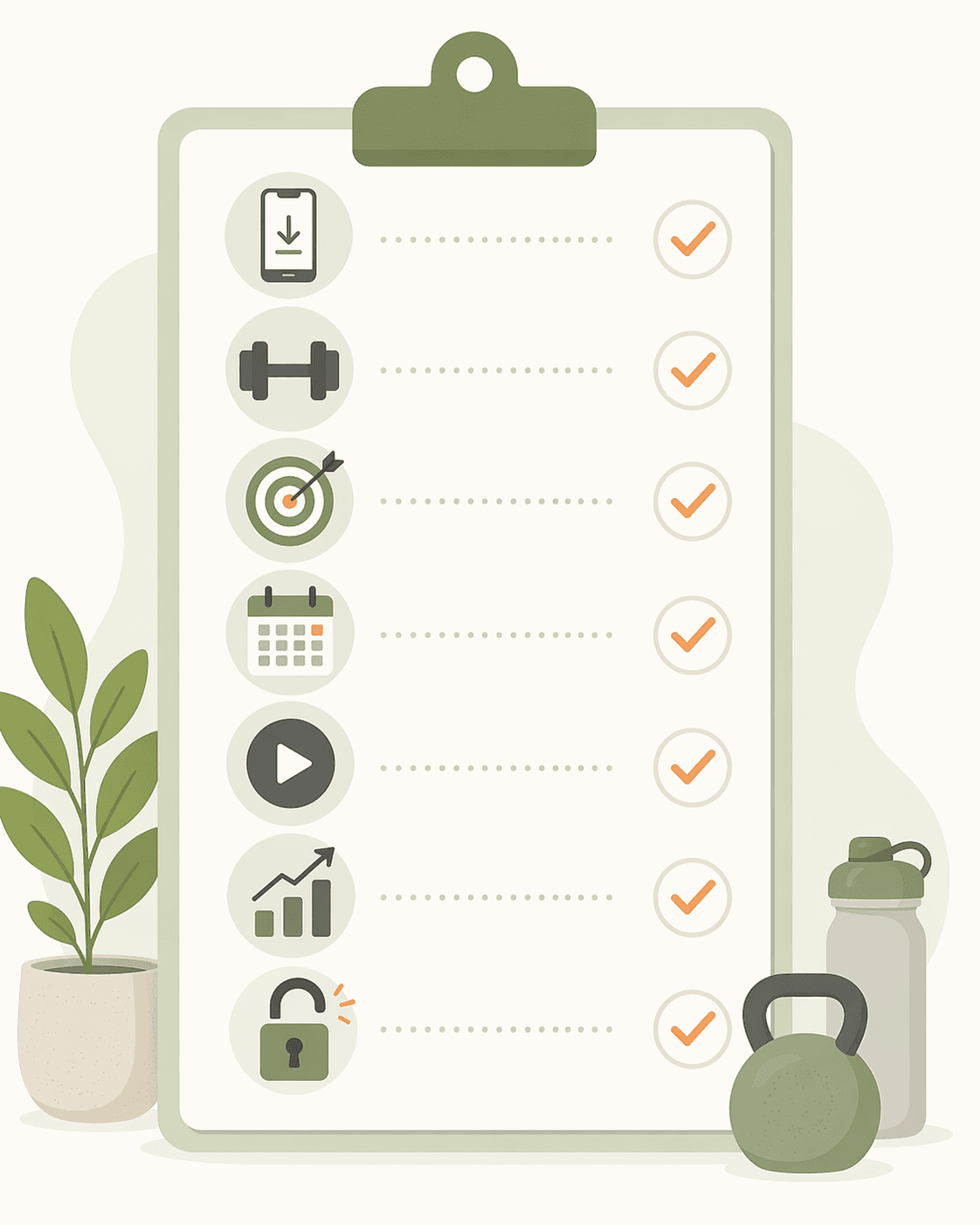 A flat-vector checklist illustration with seven checkmarked items represented by icons: a phone, a dumbbell, a target, a calendar, a play button, a chart, and an unlocked lock.