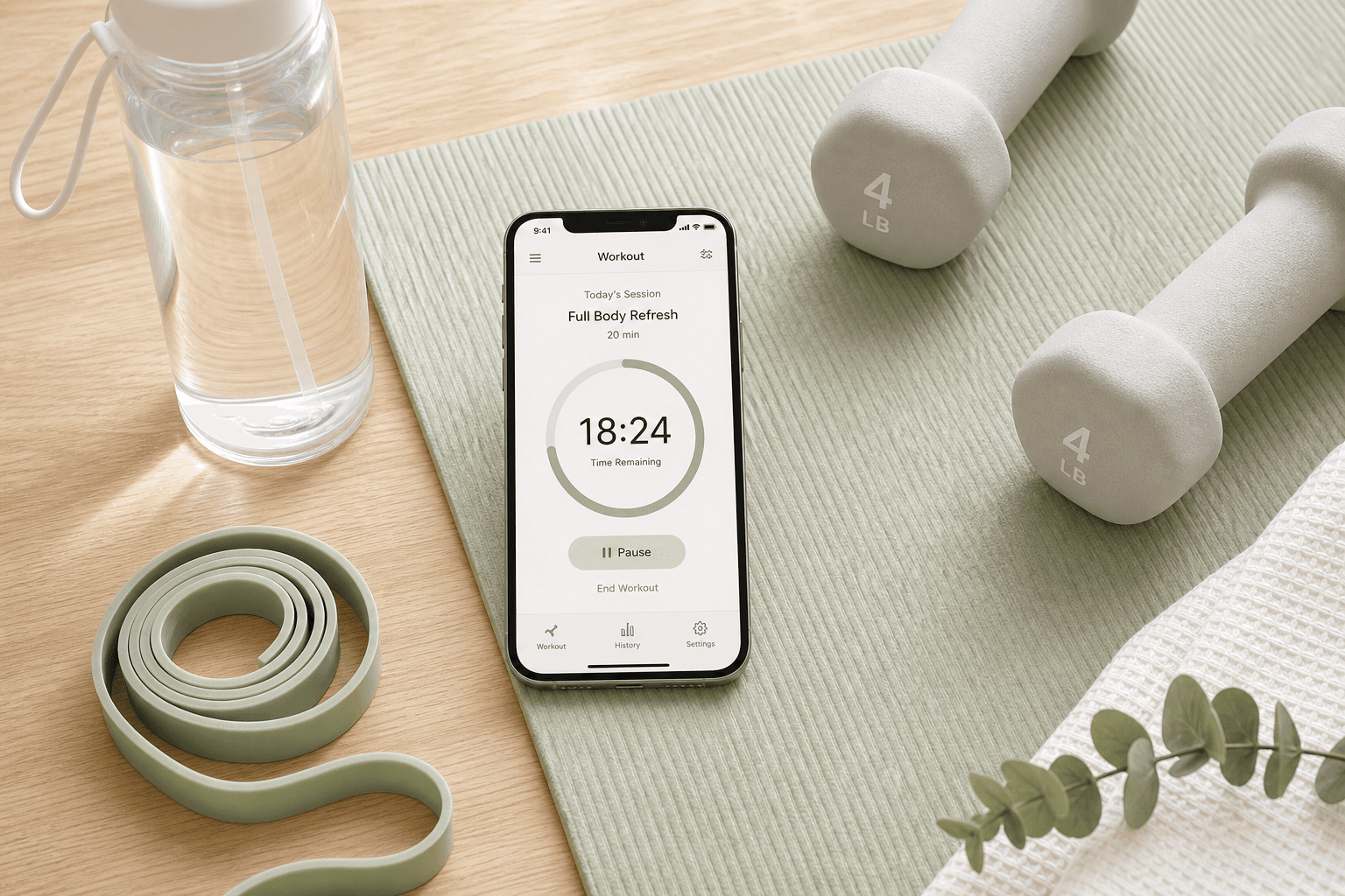 A smartphone on a yoga mat displaying a workout app interface, surrounded by a water bottle, light dumbbells, and a resistance band.
