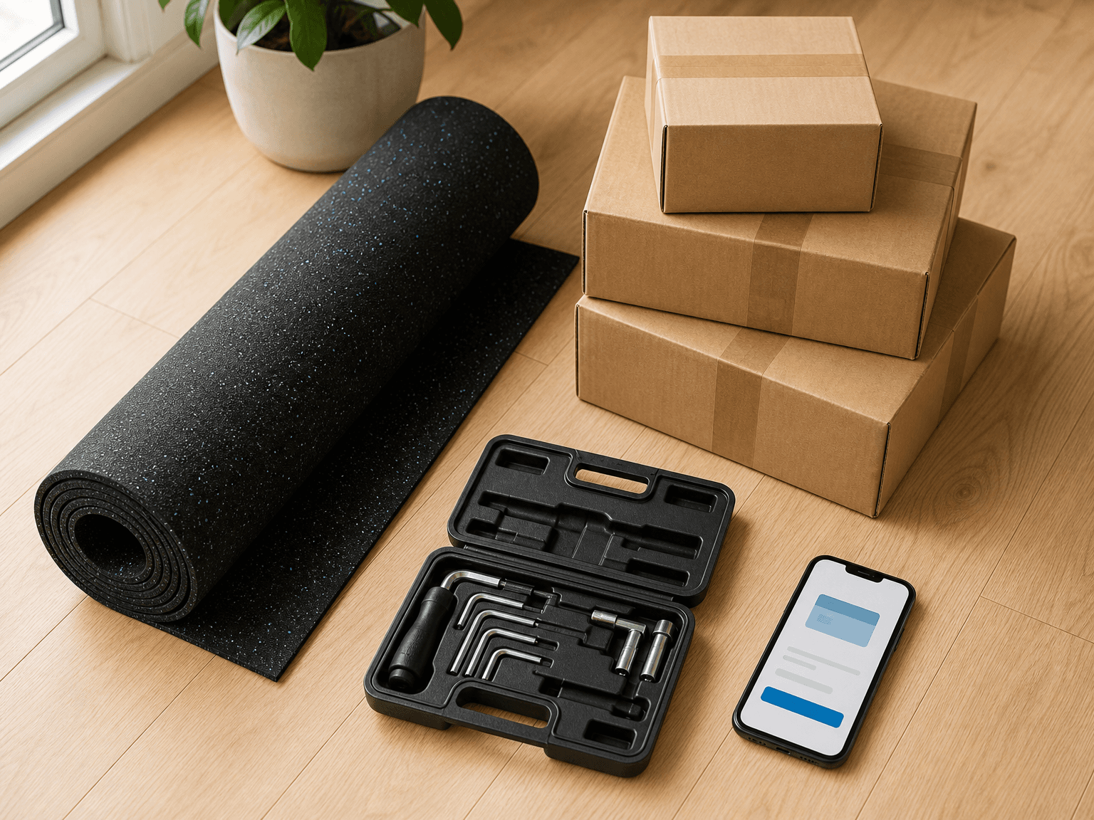 A flat lay showing rubber flooring, tools, shipping boxes, and a subscription payment screen on a smartphone.