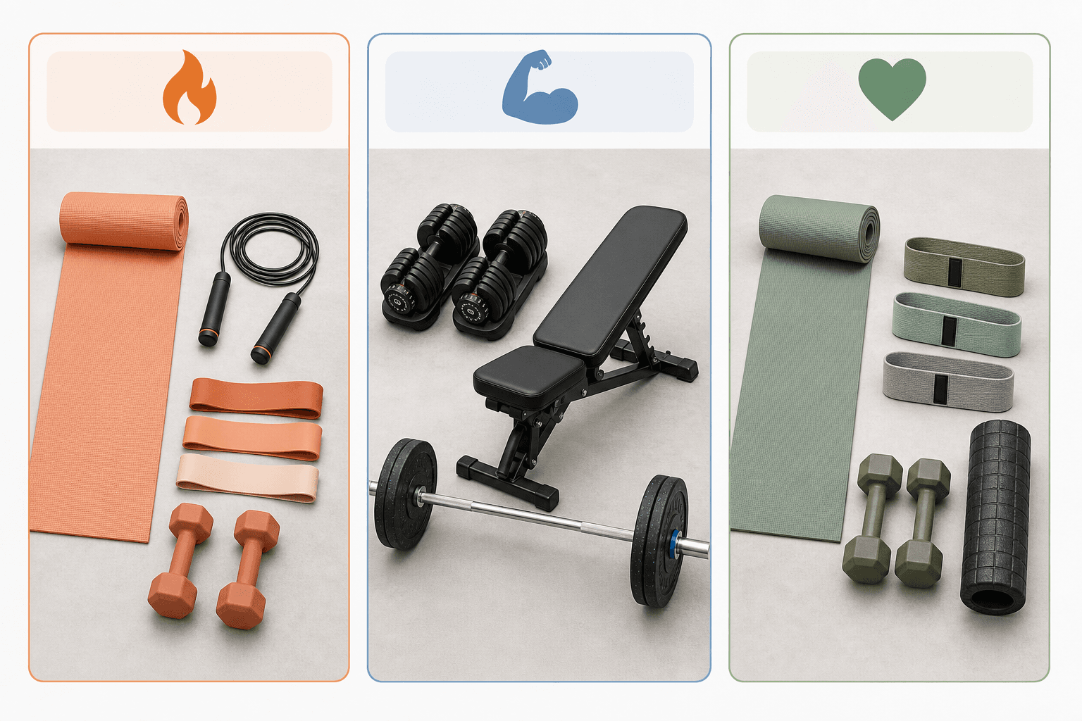A three-column comparison layout on a clean light background showing different home gym equipment groupings. Left column (warm orange accent): a yoga mat, jump rope, resistance bands, and light dumbbells with a flame icon. Middle column (cool blue accent): heavier adjustable dumbbells, a foldable bench, and a barbell with plates with a muscle arm icon. Right column (green accent): a yoga mat, bands, medium dumbbells, and a foam roller with a heart icon.