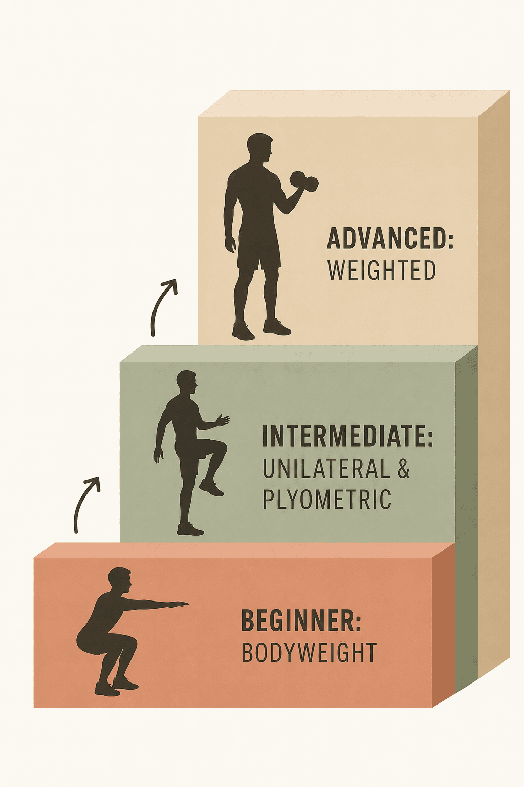 An editorial step-diagram showing three leg workout progression tiers arranged as ascending steps: Beginner, Intermediate, and Advanced.