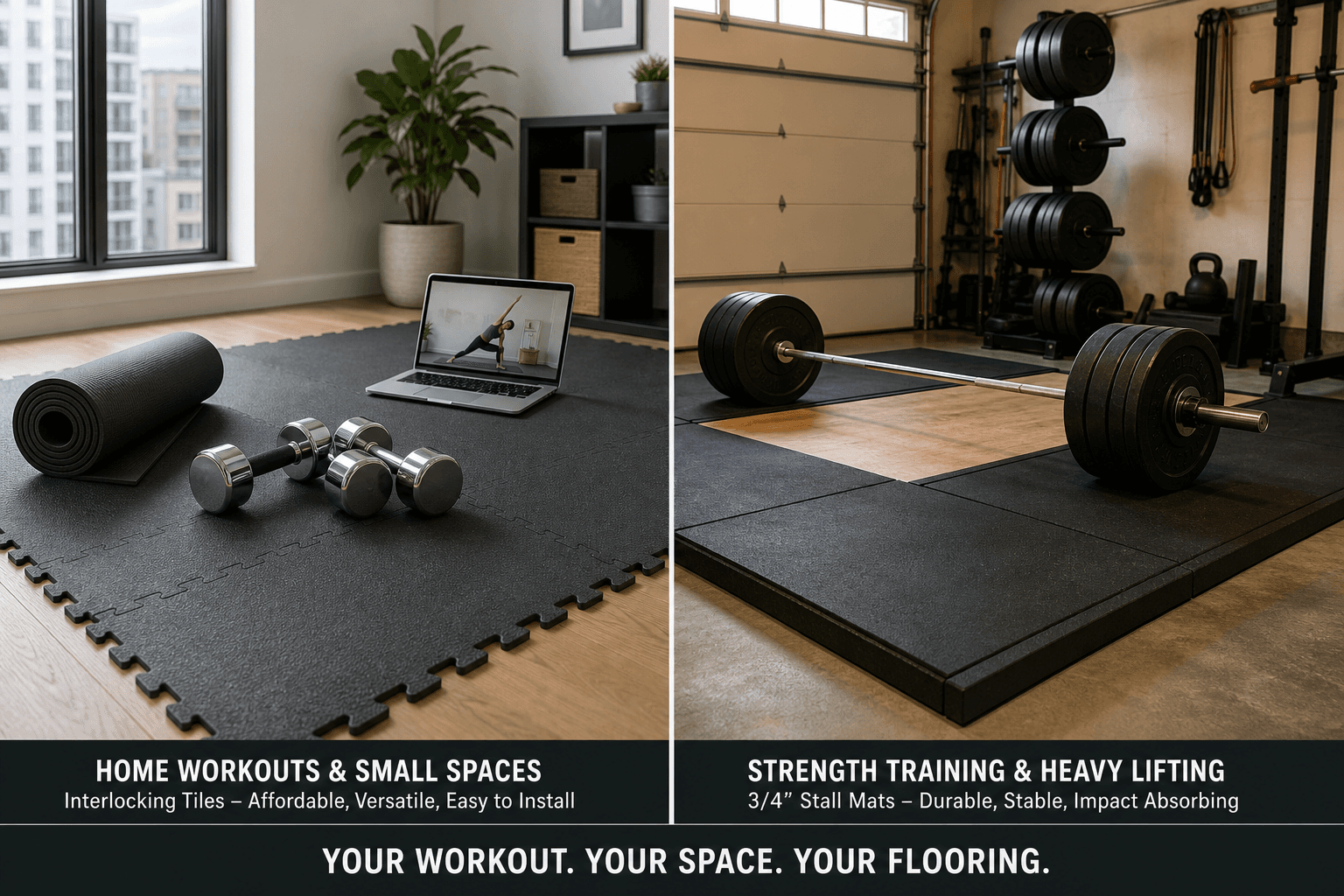 Split-scene comparison of an apartment gym with interlocking rubber tiles and a garage gym with thick rubber stall mats.