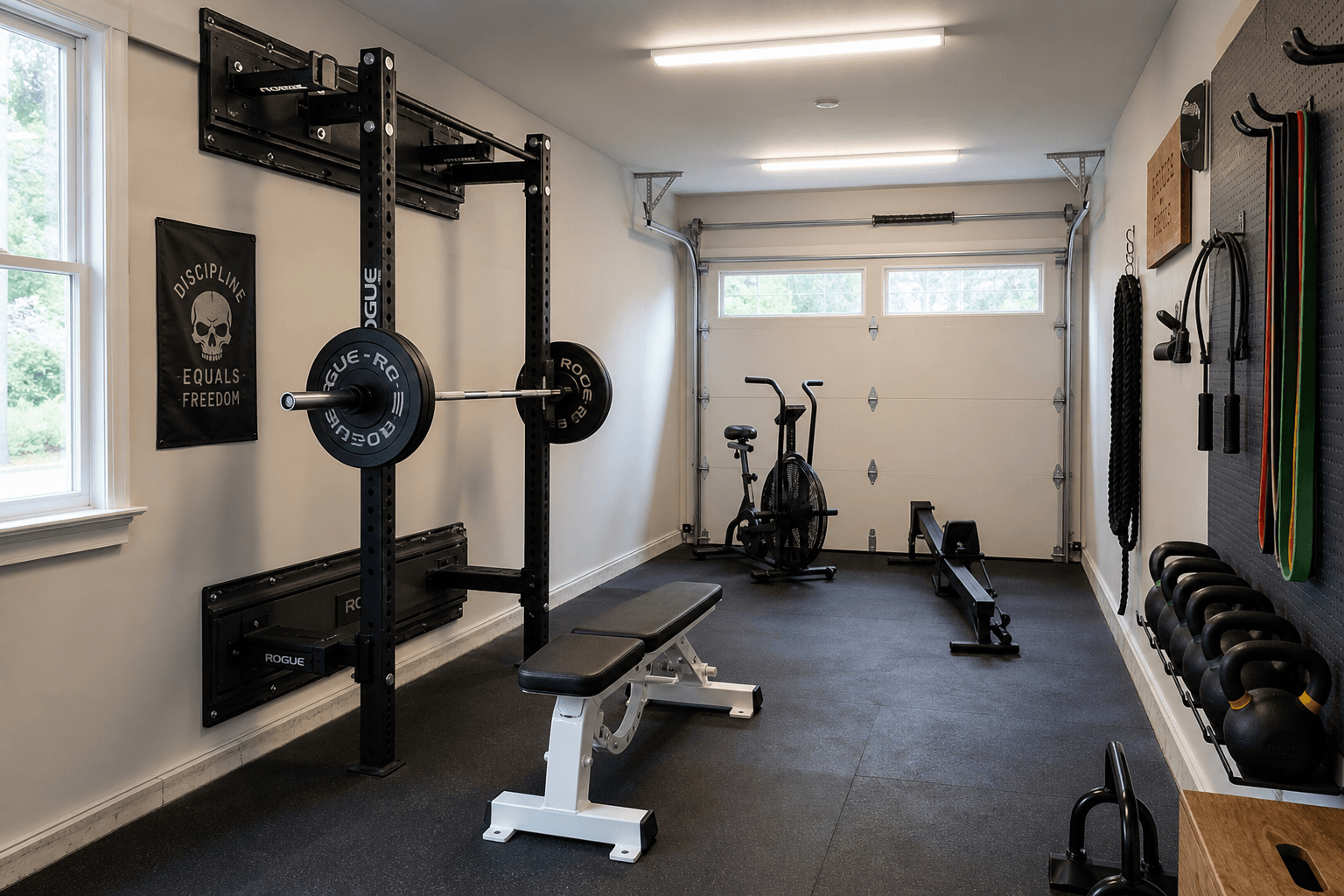 A clean, well-lit single-car garage converted into a home gym with a black power rack and loaded barbell against one wall, a weight bench nearby, thick black rubber horse stall mats on the floor, a metal pegboard wall panel holding kettlebells and bands, a compact rower against the opposite wall, and the garage door visible in the background with natural daylight and LED shop lighting.