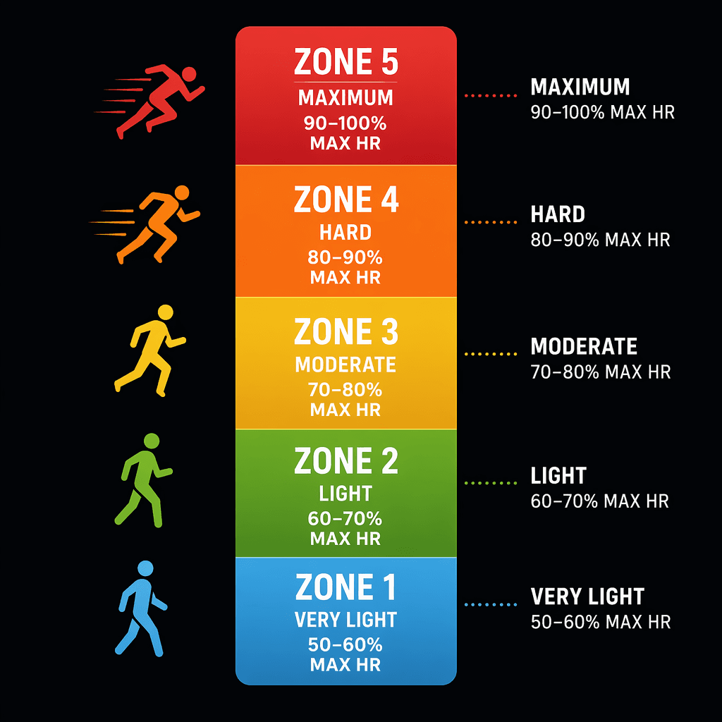 Vertical gradient bar diagram showing five heart rate training zones from light blue (Zone 1, 50-60%) at the bottom through green, yellow, and orange to red (Zone 5, 90-100%) at the top, with small activity icons beside each zone.