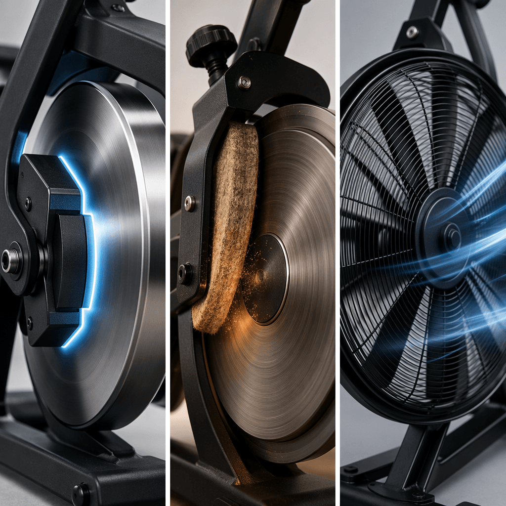 Three-panel illustration comparing magnetic, friction, and air resistance mechanisms with icons showing noise levels and maintenance.