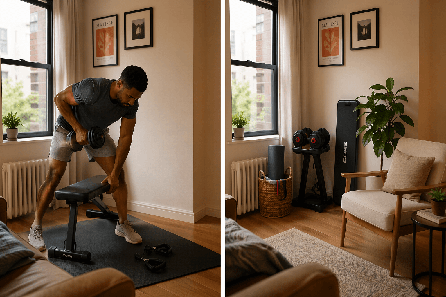 Split-scene apartment living room showing workout equipment in use on one side and the same space with all equipment stored away on the other side, demonstrating equipment that disappears between uses.