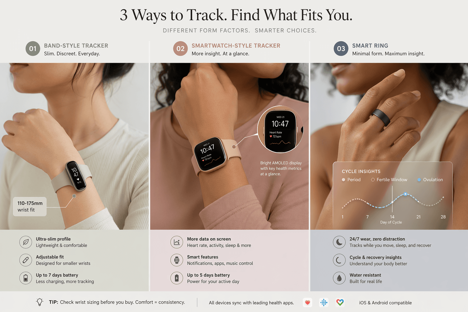 Split-frame editorial illustration with three panels: a slim fitness band on a petite wrist, a smartwatch-style tracker on a standard wrist, and a smart ring on a finger with a cycle-tracking graph overlay.