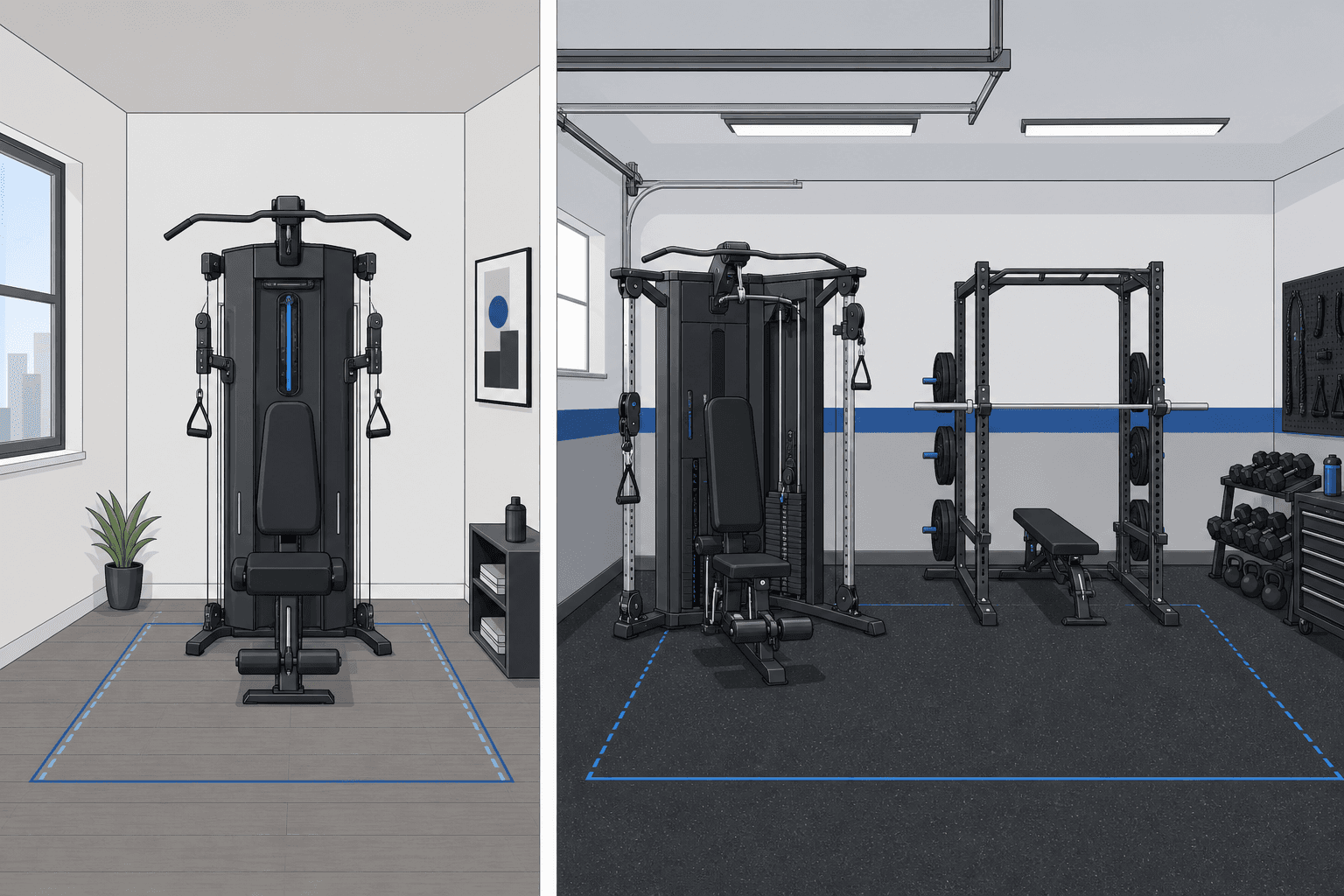 Split-scene illustration comparing a compact smart gym in a 6x8 ft apartment corner with a full-sized weight stack machine in a 10x12 ft garage.