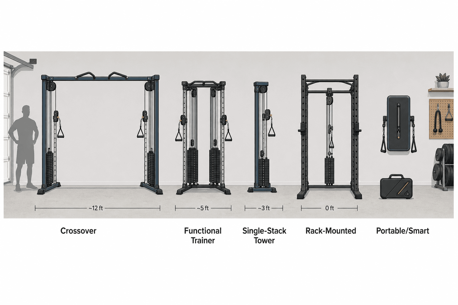 Flat vector infographic showing five home gym cable machine formats arranged by footprint size: a wide cable crossover, a dual-stack functional trainer, a single-stack cable tower, a rack-mounted cable attachment, and a compact wall-mounted smart unit beside a portable foldable device.