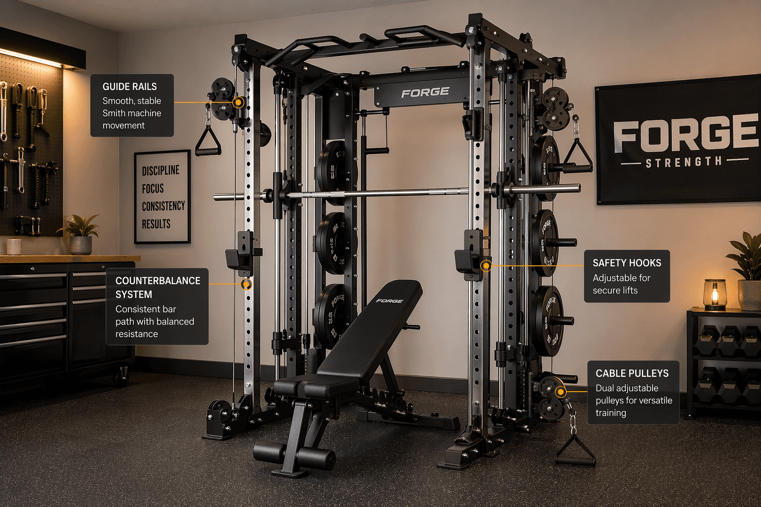 A modern hybrid all-in-one Smith machine and power rack combination in a home garage gym, with guide rails, cable pulleys, weight storage, and a bench.