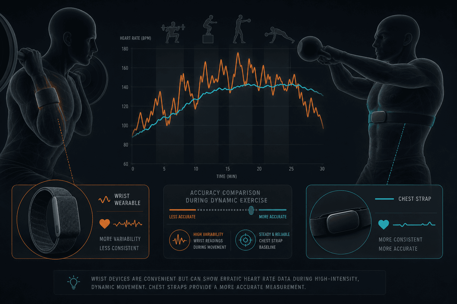An editorial illustration comparing a wrist-worn fitness band to a chest strap monitor on a person silhouette during exercise, with diverging heart rate lines showing the wrist-based reading fluctuating while the chest strap line stays steady.