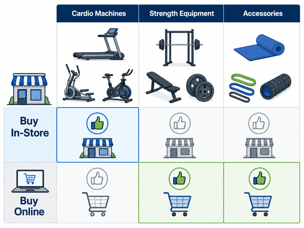 Decision matrix illustration comparing three equipment categories across two buying channels. Cardio machines (treadmill, elliptical, bike icons) are marked with a thumbs-up for buying in-store. Strength equipment (rack, bench, plate icons) and accessories (mat, bands, roller icons) are marked with a thumbs-up for buying online. Clean flat illustration in blue, gray, and green tones.