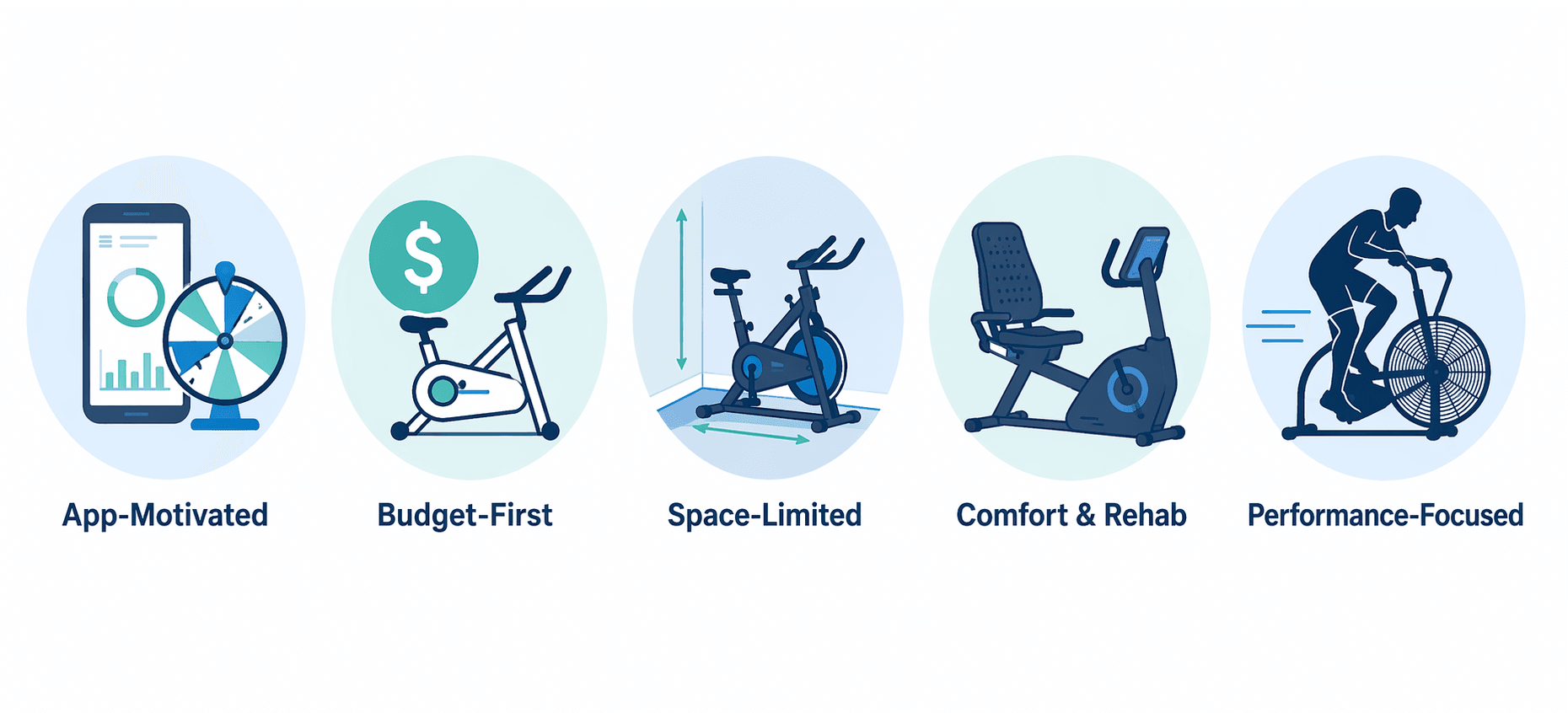 Infographic showing five rider profile icons: App-Motivated, Budget-First, Space-Limited, Comfort & Rehab, Performance-Focused.