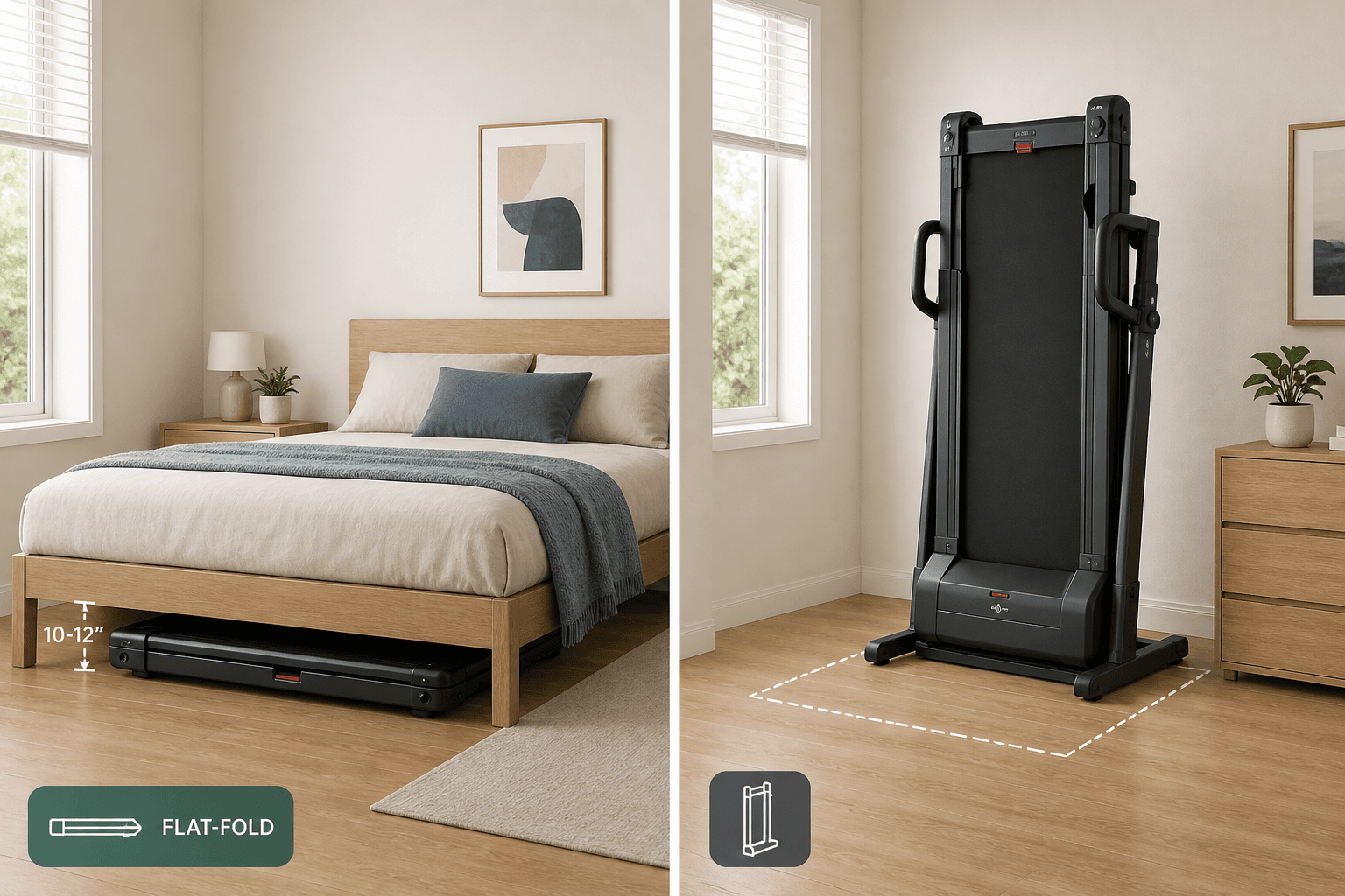 Side-by-side illustration showing a flat-fold treadmill stored under a bed on the left, and a vertical-fold treadmill with its deck tilted upright but still occupying a large floor footprint on the right.