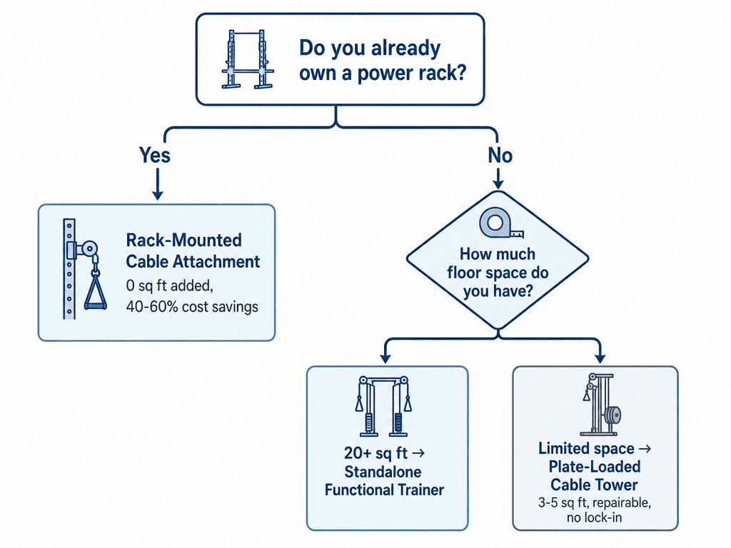 Decision tree flowchart starting with 'Do you already own a power rack?' branching to rack-mounted cable attachment on the yes path, and a floor space diamond on the no path leading to standalone functional trainer or plate-loaded cable tower.