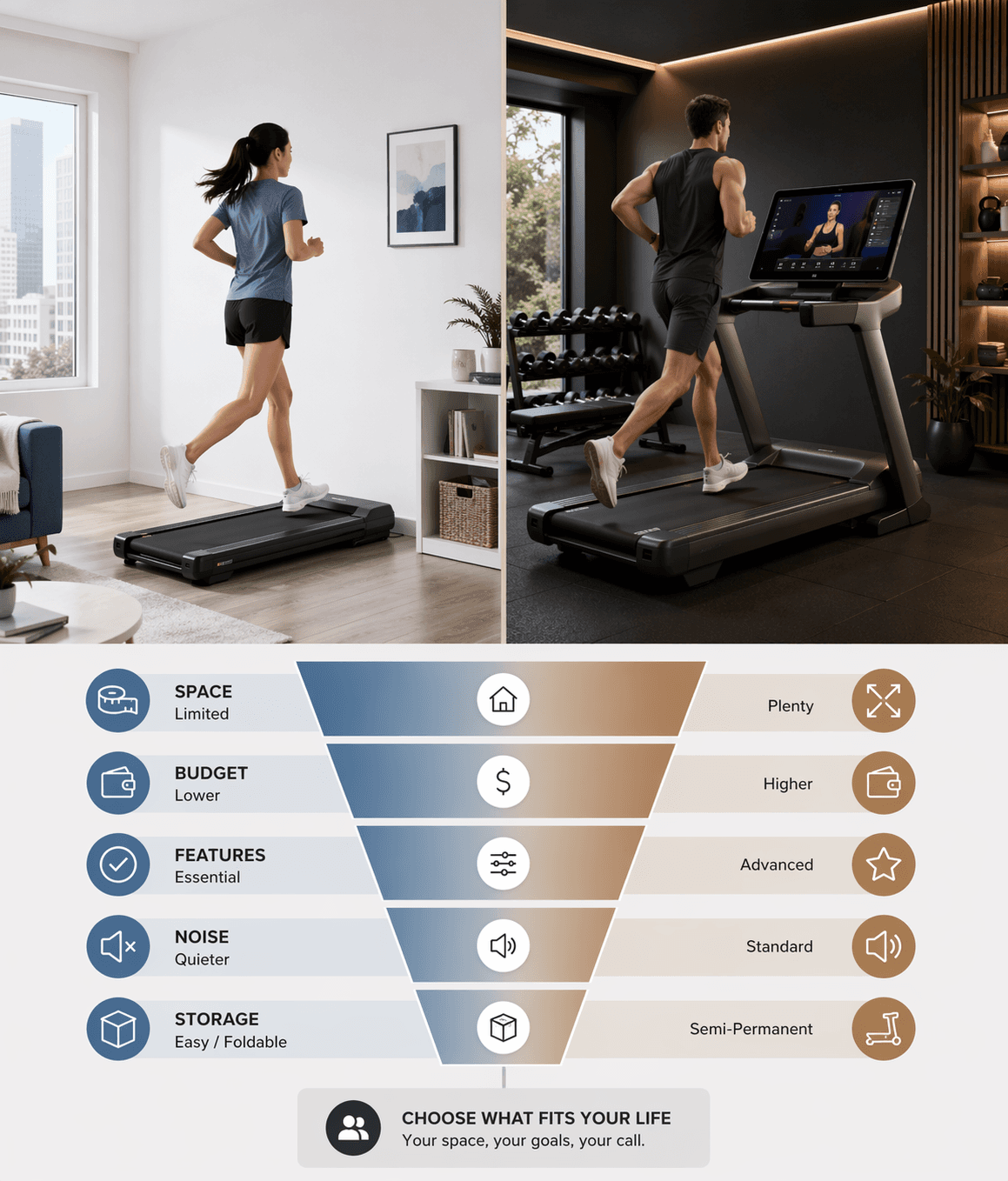 Split-view editorial illustration comparing two home treadmill setups: left side shows a compact folding treadmill in a small apartment corner with a runner mid-stride, right side shows a premium connected treadmill with a large touchscreen in a dedicated home gym space with a runner mid-stride, with a decision funnel at the bottom.