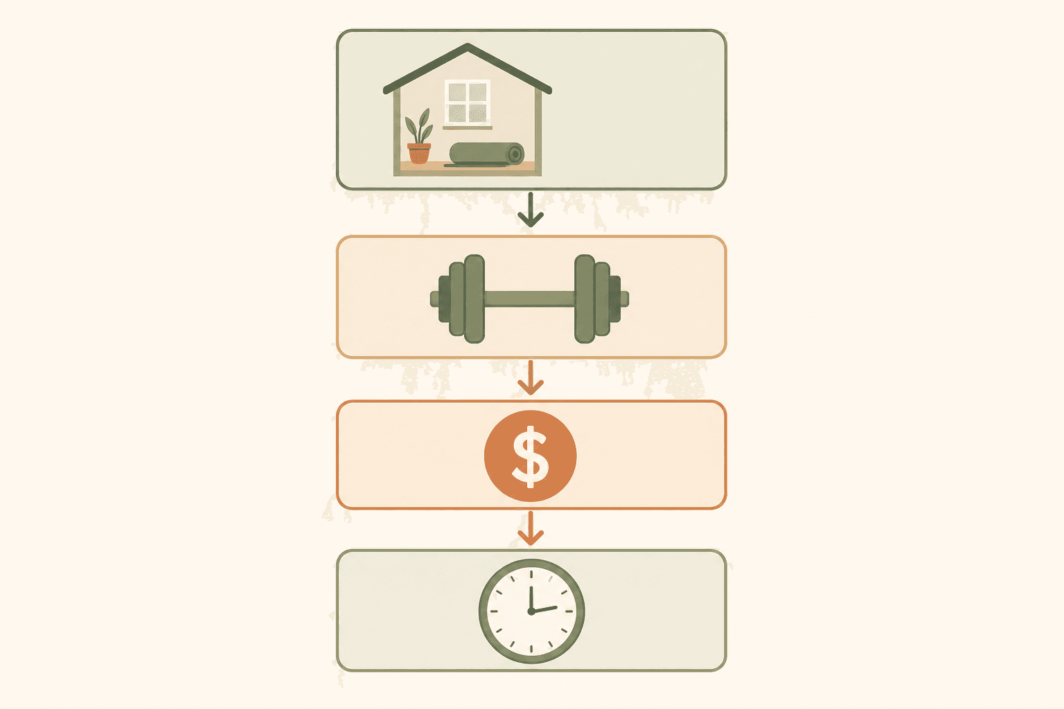 A flat vector editorial illustration showing a four-step decision flowchart for home fitness beginners, with icon-labeled boxes for space, goal, budget, and time connected by downward arrows in warm earthy tones on a cream background