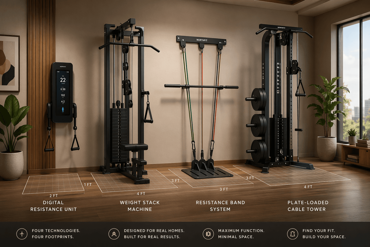Four compact home gym resistance technologies arranged side by side in a modern apartment corner: a wall-mounted digital resistance unit, a weight stack machine, a band-based floor anchor system, and a plate-loaded cable tower, each on a marked floor footprint grid.