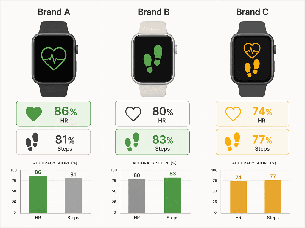 A three-column brand accuracy comparison showing abstract smartwatch silhouettes. Left column has a heart icon with '86% HR' highlighted green, middle column has a footprint icon with '83% Steps' highlighted green, right column shows a heart with '74% HR' and footprint with '77% Steps' in amber. Small bar charts at the bottom of each column show relative accuracy scores in minimalist vector style.