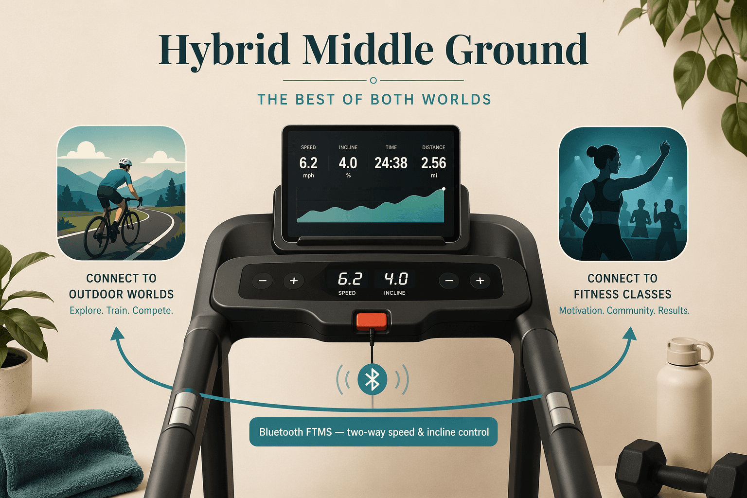 An editorial flat-lay illustration showing the hybrid middle ground: a treadmill console with a tablet holder and Bluetooth icon in the center, stylized app icons for Zwift and Peloton Digital on either side, connected by a curved arrow labeled 'Bluetooth FTMS — two-way speed and incline control', on a warm neutral background with teal accents.