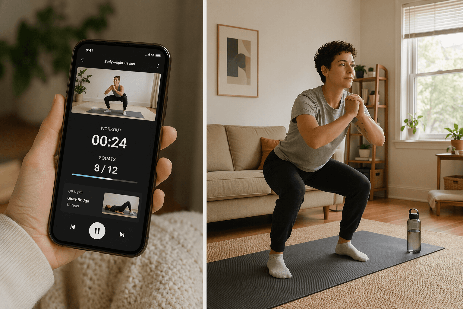 Split-composition: left side shows a hand holding a smartphone with a workout app interface; right side shows a person doing a bodyweight squat on a yoga mat in a bright living room.