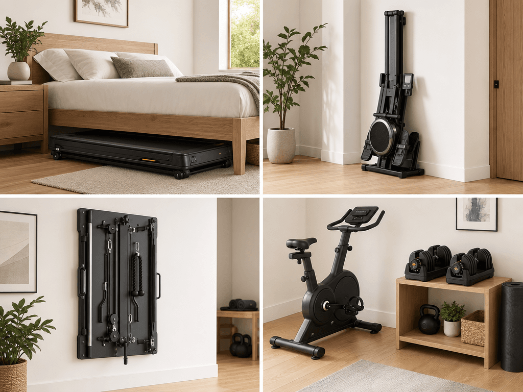 Four-panel editorial scene showing four storage modes: a folding treadmill sliding under a low bed frame (fold flat), a rower stored upright against a wall (vertical storage), a foldable wall-mounted rack closed flat against a wall (wall-mounted), and a small exercise bike with adjustable dumbbells on a shelf (compact footprint).