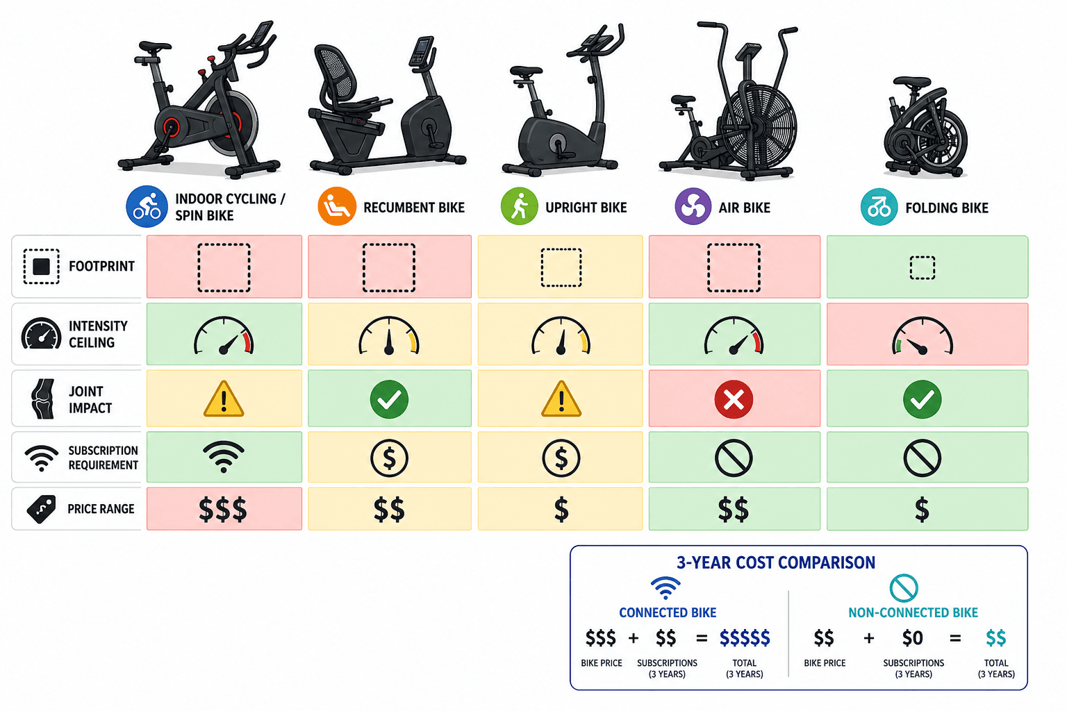 A grid-style decision matrix showing five exercise bike types mapped against footprint, intensity ceiling, joint impact, subscription requirement, and price range with green, yellow, and red color-coding.