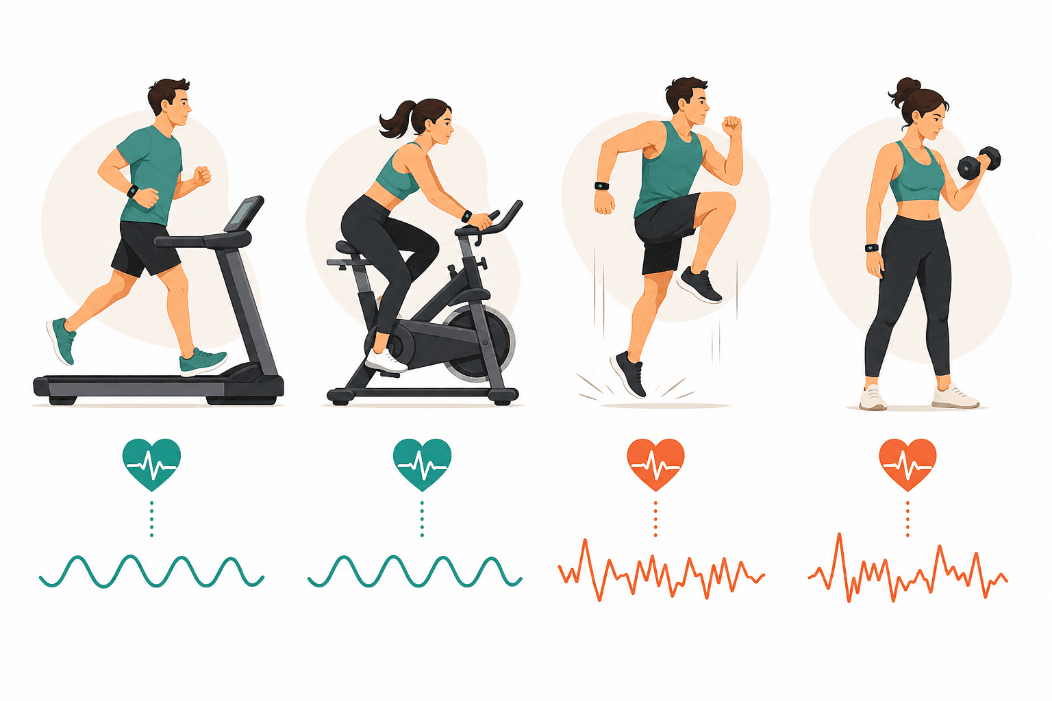 Illustration showing four home workout types — treadmill, cycling, HIIT, and strength training — each paired with a heart rate signal wave that is smooth for steady-state activities and irregular for high-intensity ones
