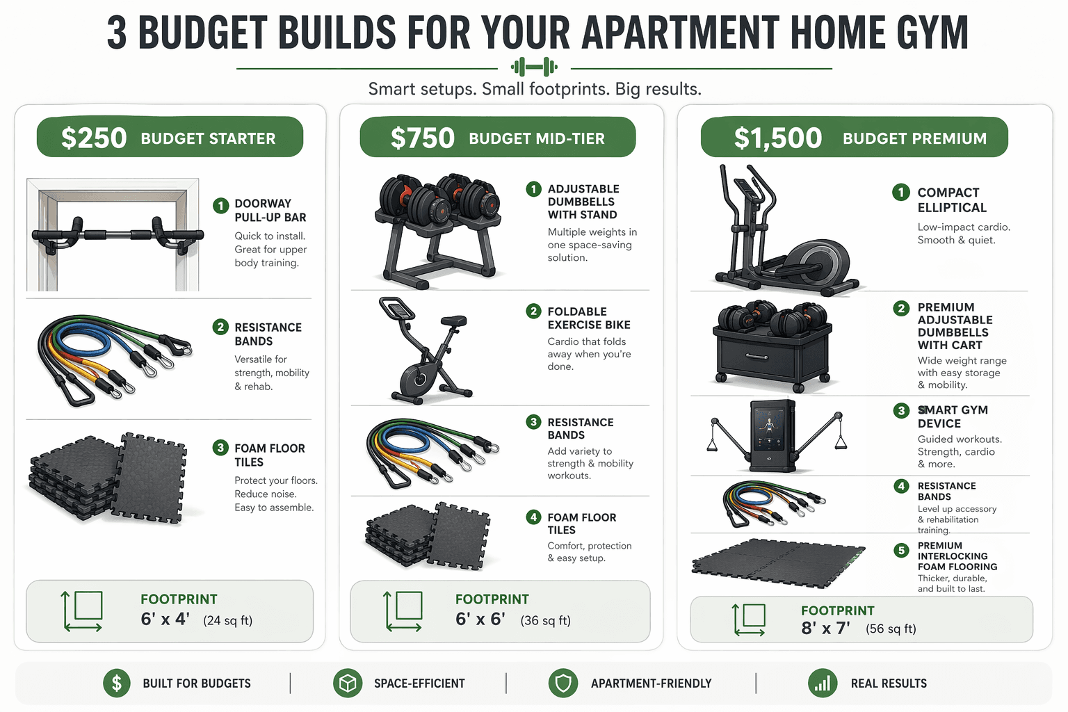 Side-by-side infographic comparing three apartment home gym budget builds: a $250 starter setup with doorway pull-up bar, resistance bands, and foam tiles; a $750 mid-tier setup with adjustable dumbbells, foldable bike, and bands; and a $1,500 premium setup with compact elliptical, premium dumbbells, smart gym device, and flooring.