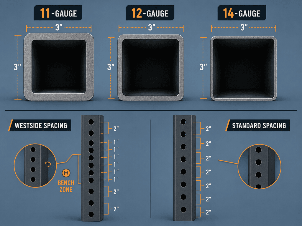 A comparison illustration showing three 3x3 steel tube cross-sections with visibly different wall thicknesses labeled 11-gauge, 12-gauge, and 14-gauge, alongside a vertical upright detail comparing Westside hole spacing (1-inch increments in bench zone) versus standard uniform 2-inch hole spacing.
