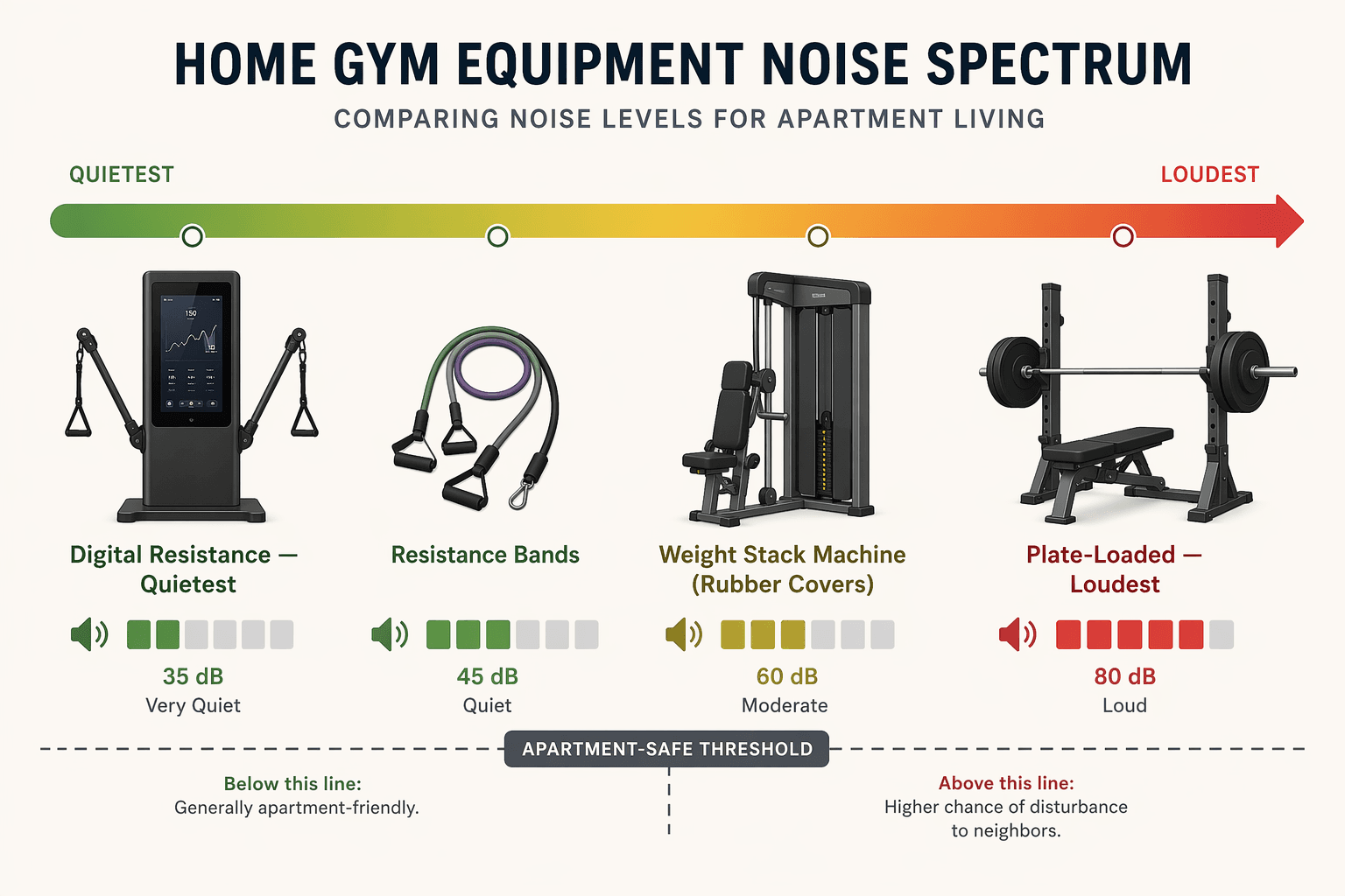 Noise-level comparison spectrum showing digital resistance as quietest, then bands, then weight stacks with rubber covers, then plate-loaded as loudest, with an apartment-safe threshold line.