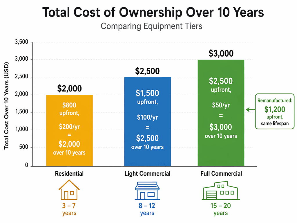 Bar chart comparing 10-year total cost of ownership across Residential, Light Commercial, Full Commercial, and Remanufactured tiers.