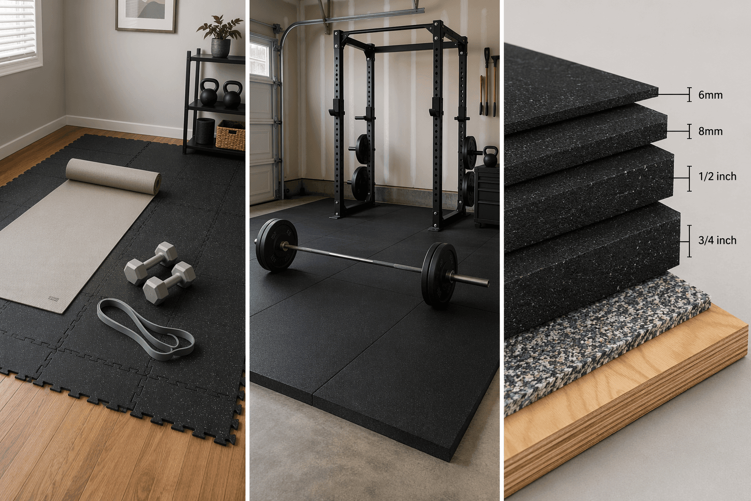 Split-composition editorial infographic showing three home gym flooring scenarios side by side: left panel with interlocking rubber tiles and yoga mat in a compact apartment corner, middle panel with thick black stall mats under a squat rack in a garage with visible concrete edge, right panel showing a cross-section cutaway of subfloor, underlayment, and rubber flooring layers with thickness measurement callouts.