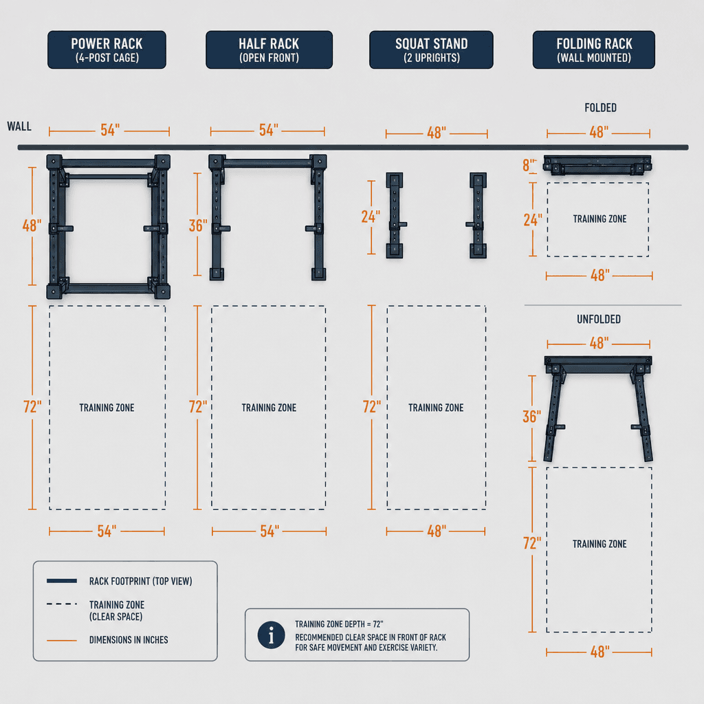 Top-down floor plan comparison showing the scaled footprints of four squat rack types with dashed training zone rectangles and dimension labels.