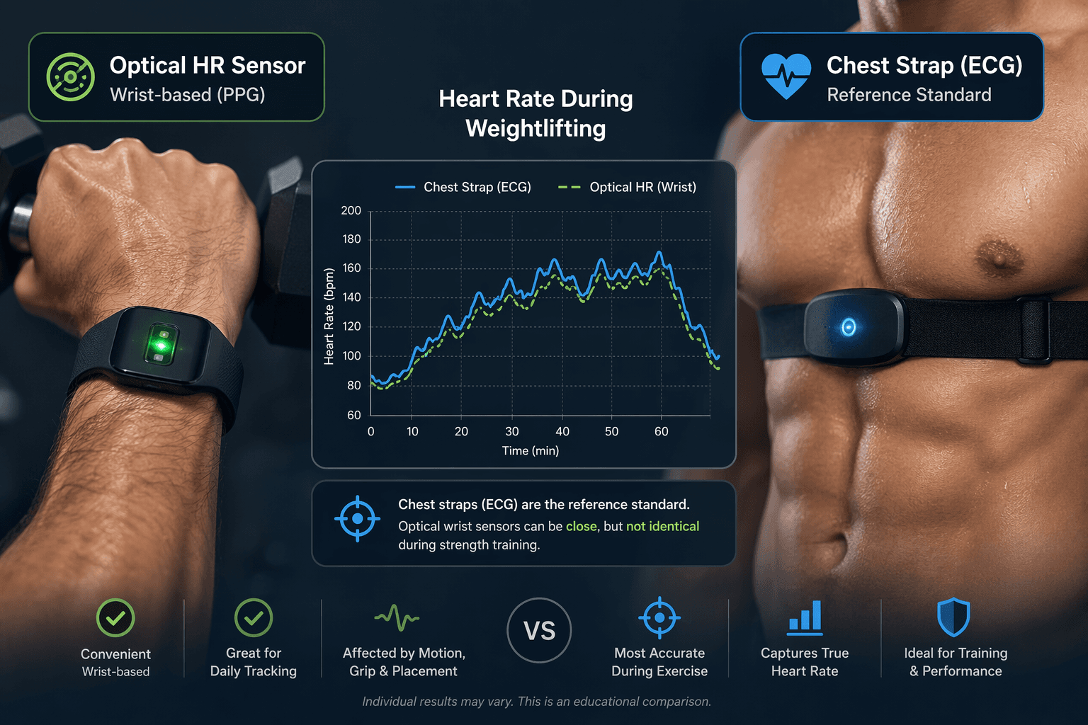 Comparison illustration showing a wrist-worn optical heart rate sensor on a forearm and a chest strap ECG-based monitor on a chest, with an overlapping line chart showing matching heart rate readings during weightlifting.