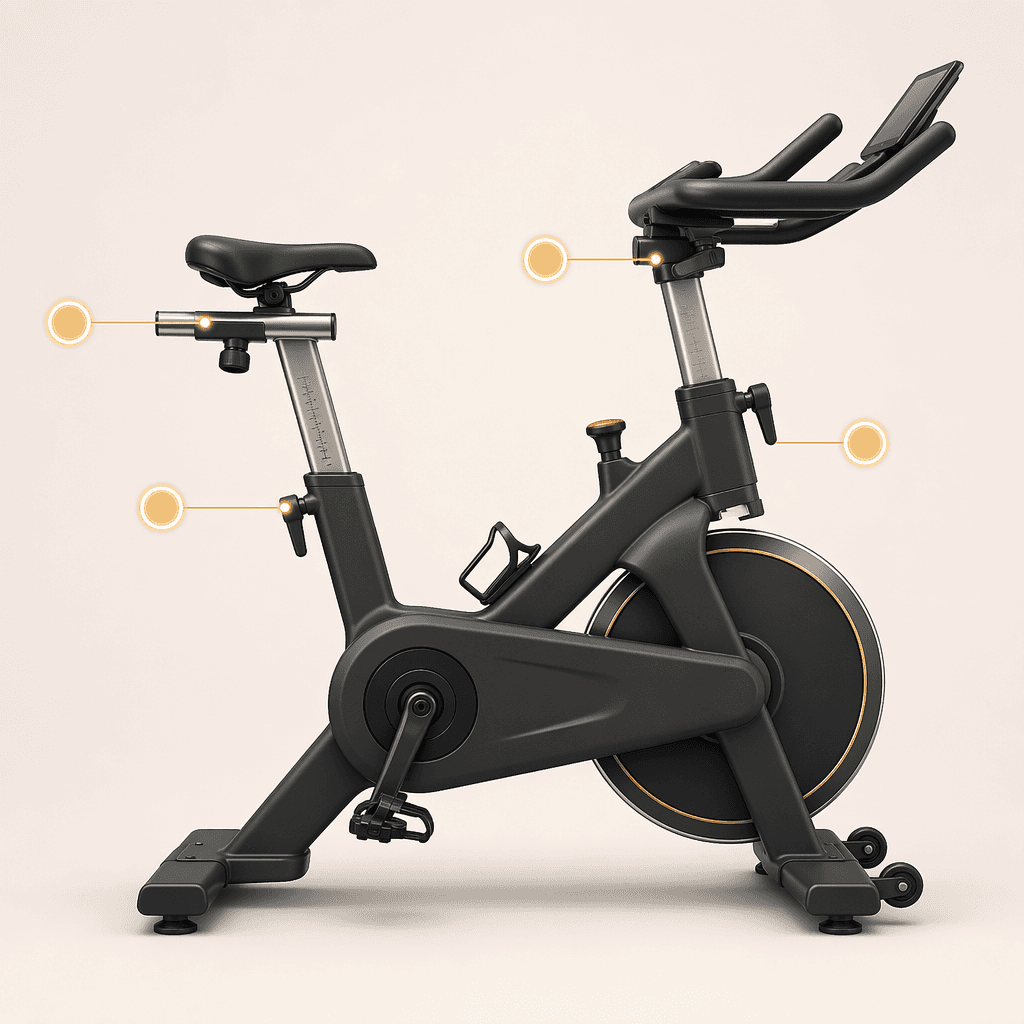 Side-profile illustration of an exercise bike with glowing dots marking seat height, seat fore-aft, handlebar height, and handlebar fore-aft adjustment points.