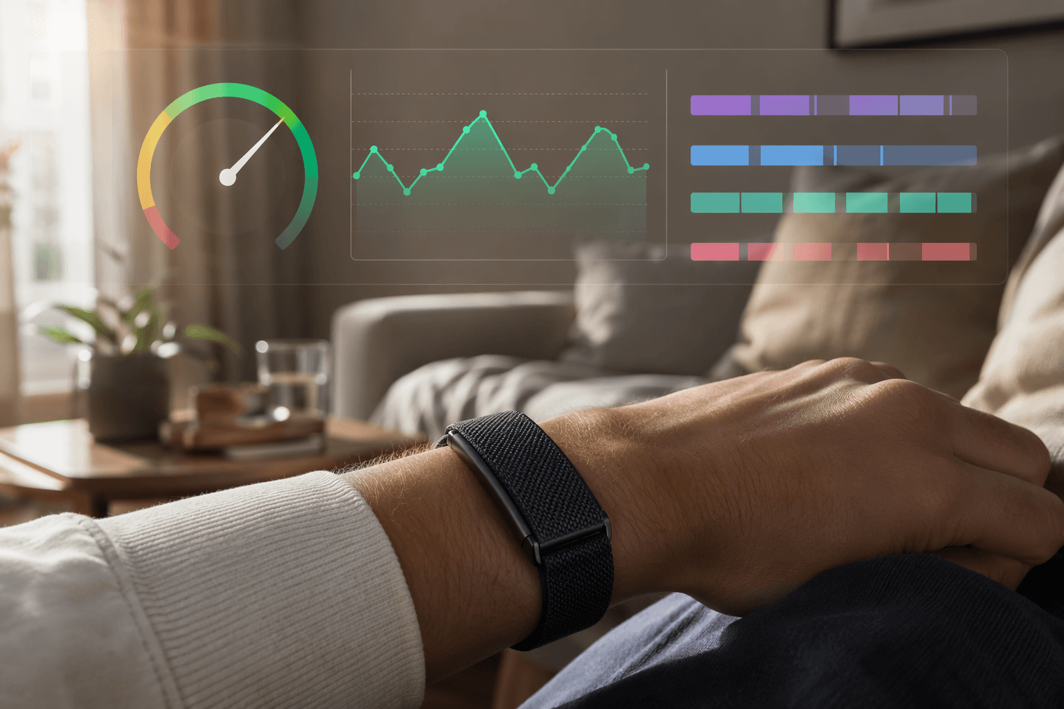 A Whoop 5.0 band worn on a wrist in a sunlit living room, with semi-transparent data visualization overlays showing a green-yellow-red recovery gauge, HRV trend graph, and sleep stage breakdown bars floating above the scene.