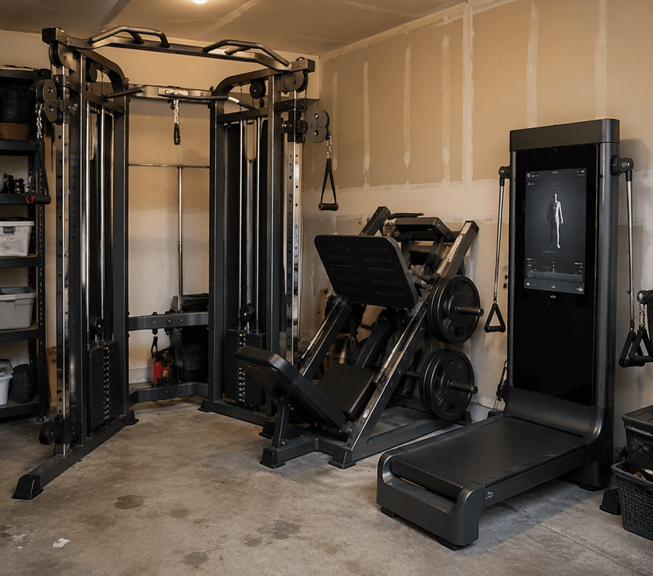 Cluttered garage corner with a bulky standalone cable crossover machine, a leg press machine, and an all-in-one smart home gym with a screen, showing cramped and inefficient use of space.