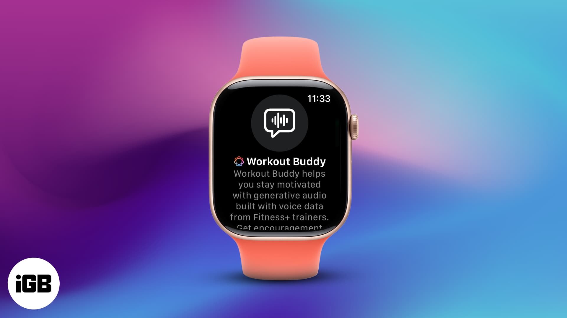 An iPhone and Apple Watch side by side showing the Workout Buddy AI coaching interface in watchOS 26, with workout metrics and the AI coach interaction screen visible.