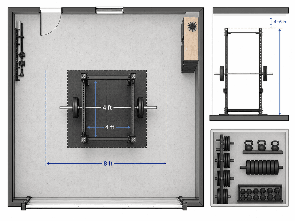 A top-down floor plan diagram of a garage showing a 4x4 ft squat rack footprint centered in an 8 ft wide clear space marked with dashed loading clearance lines, dimension measurements, and a side elevation callout indicating ceiling height must exceed rack height by 4-6 inches.