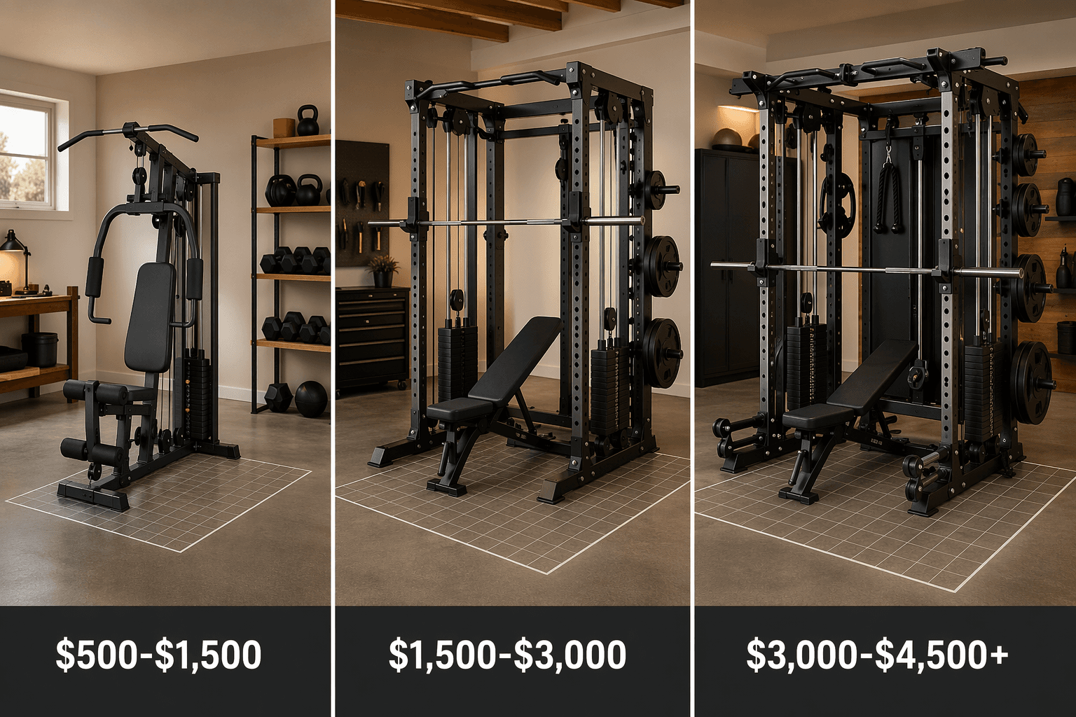 Three all-in-one home gym silhouettes on a dark floor grid, labeled by price tier: $500-$1,500, $1,500-$3,000, $3,000-$4,500.