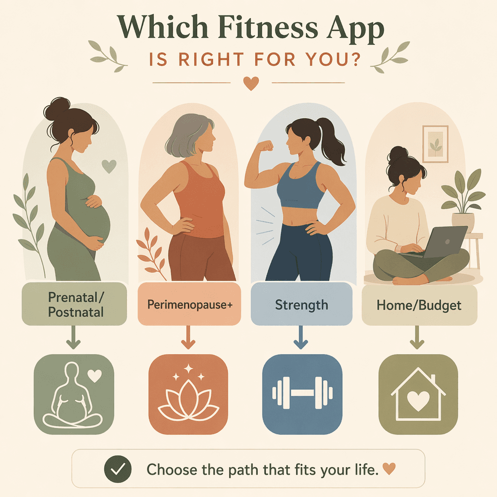 A clean editorial flow chart with four simplified female silhouettes across the top representing different life stages — prenatal, perimenopause, strength training, home fitness — with downward arrows connecting to generic app icon shapes, in a warm cream background with sage, terracotta, and soft blue accents.