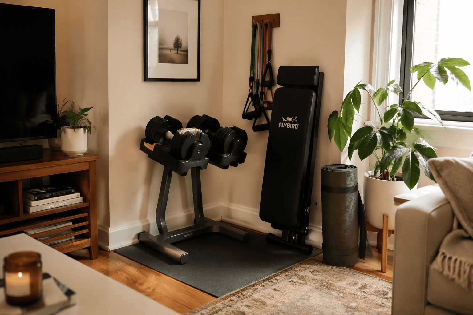 A compact home gym setup in an apartment living room corner with adjustable dumbbells, a foldable bench, resistance bands, and a yoga mat, all within a 4x4 ft area.