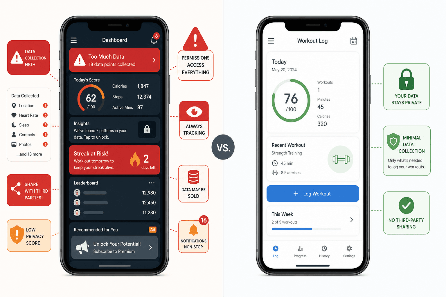 Split-screen illustration comparing a data-heavy fitness app dashboard on the left with a privacy-focused minimal interface on the right.