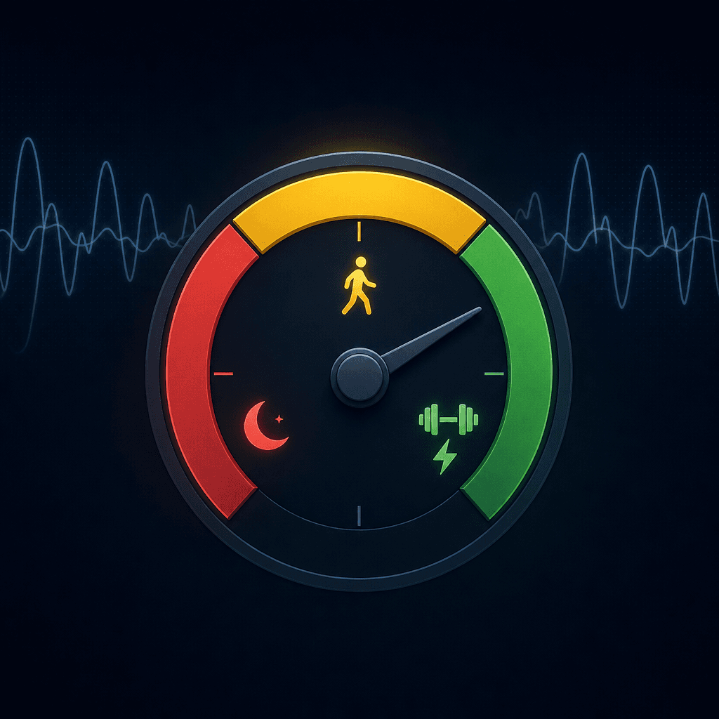 Editorial illustration of a recovery readiness gauge with three segments: red (rest recommended) with a moon icon, yellow (cautious) with a walking icon, and green (good to train) with a dumbbell icon, overlaid on subtle HRV waveform lines.