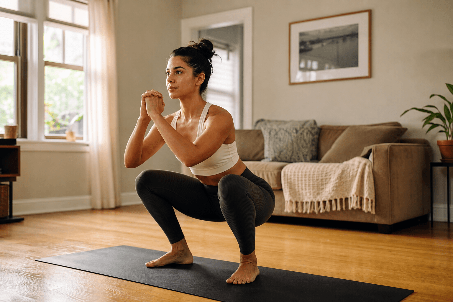 A person performing a bodyweight squat on a mat in a sunlit apartment living room.